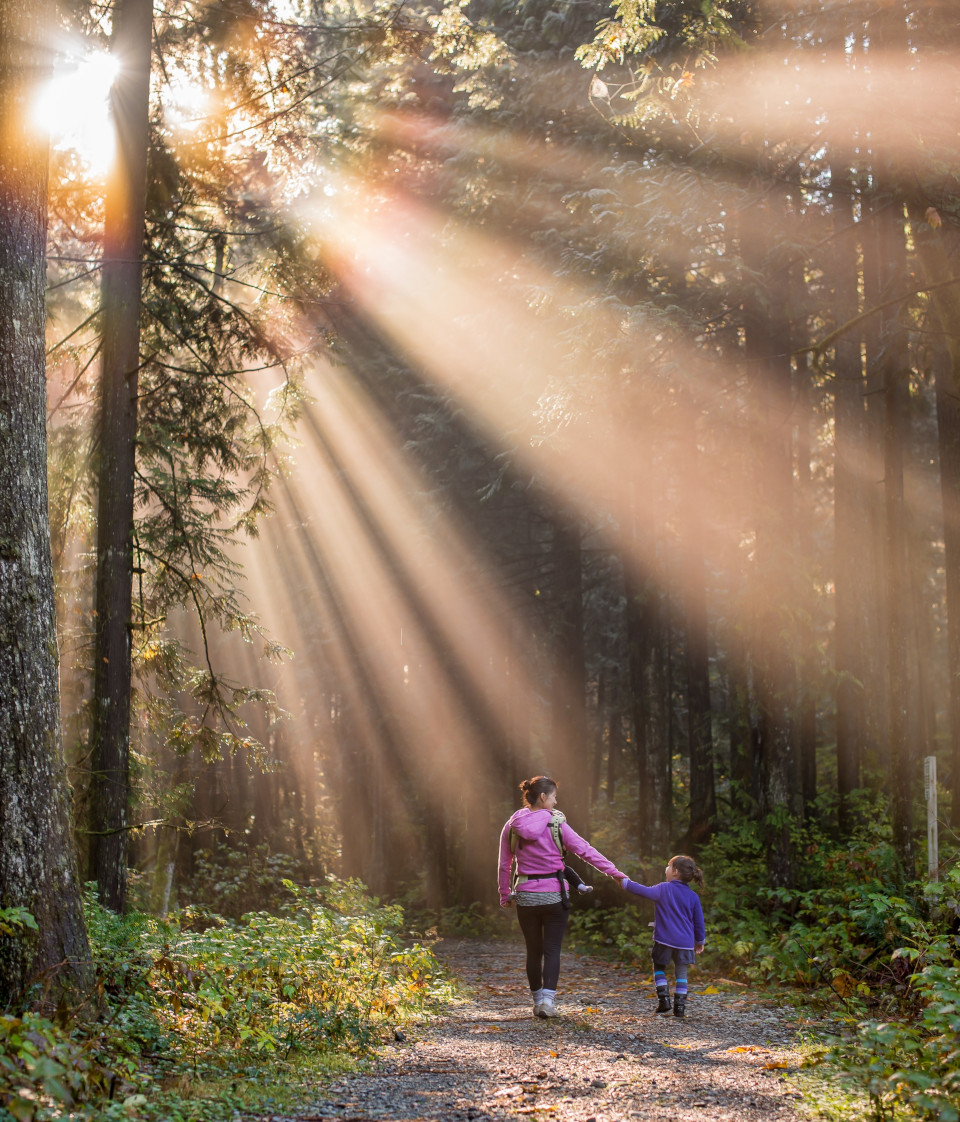 Child and angel walking a forest path.